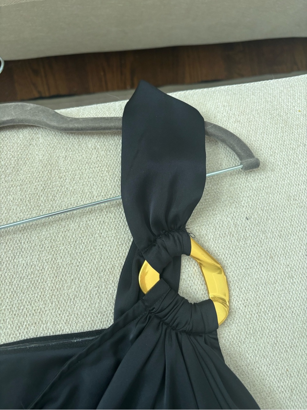 Ramy Brook Black One-Shoulder Asymmetric Dress with Gold Ring Accent - Picture 4 of 6